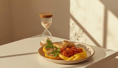 een bord gezond eten met een zandloper erbij om rustiger te eten tegen een slechte spijsvertering