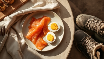 een ontbijt met eiwitten en gezonde vetten en wandelschoenen voor ontspanning