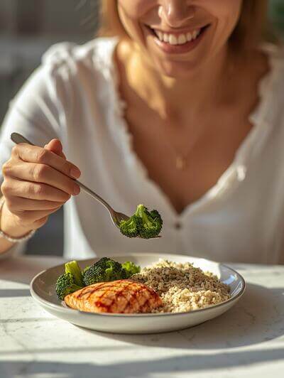 vrouw met een gezonde maaltijd aan tafel